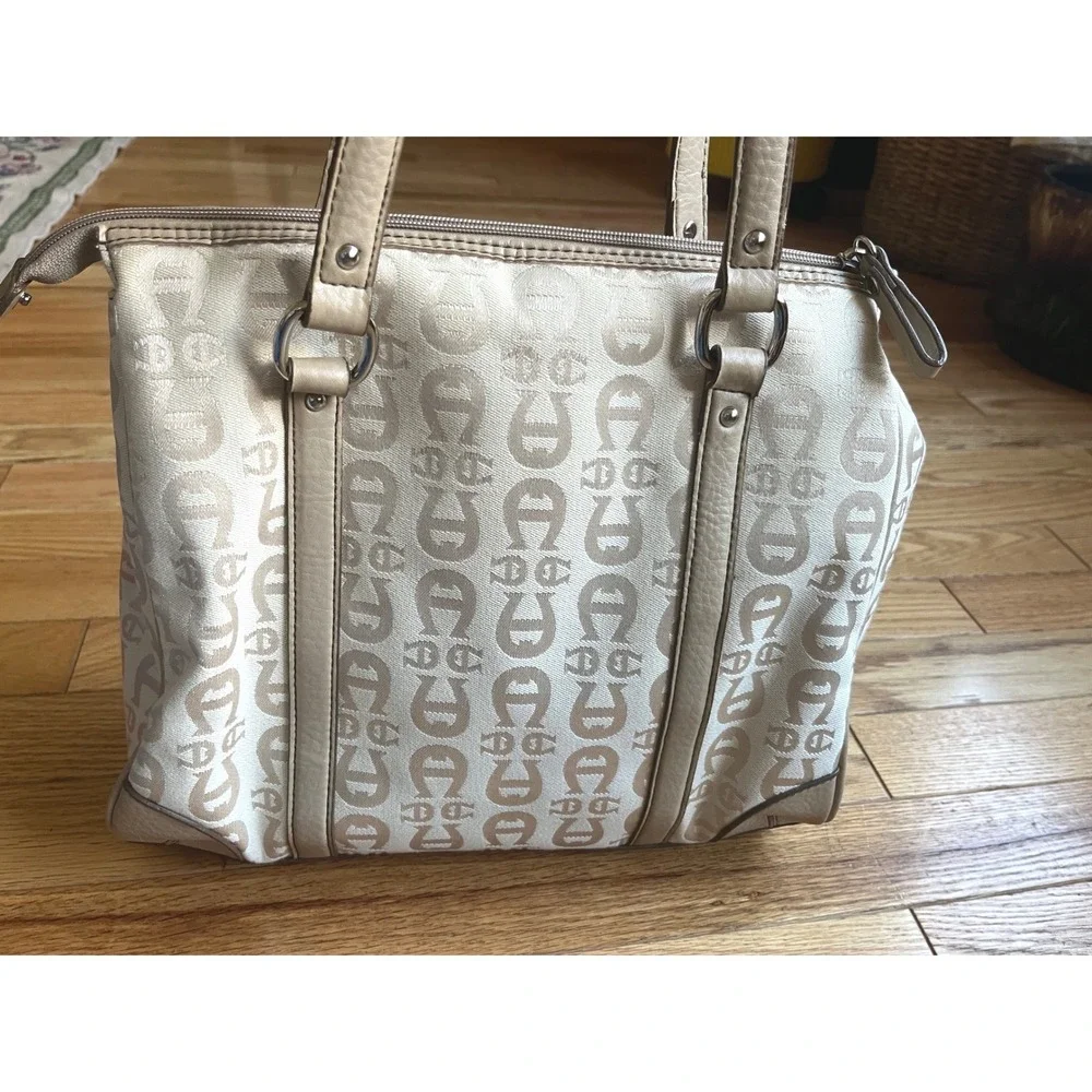 Etienne Aigner Beige Monogram Jacquard Shoulder Bag Purse Silver Hardware Summer